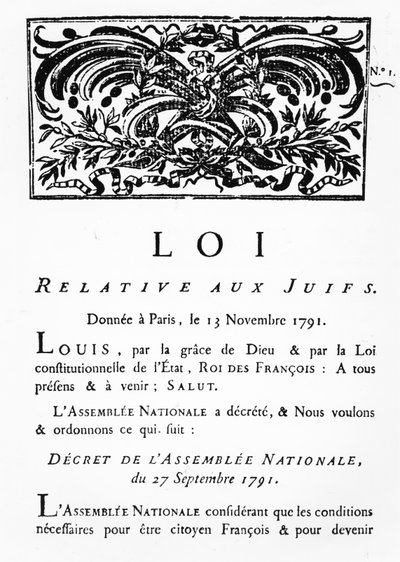 Royal Decree of emancipation for all Jews in France, by Decree of the National Assembly, 27 September, 1791 (facsimile) by French School